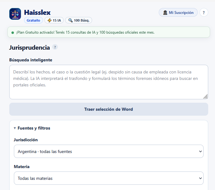 Panel de jurisprudencia de Haisslex en Microsoft Word